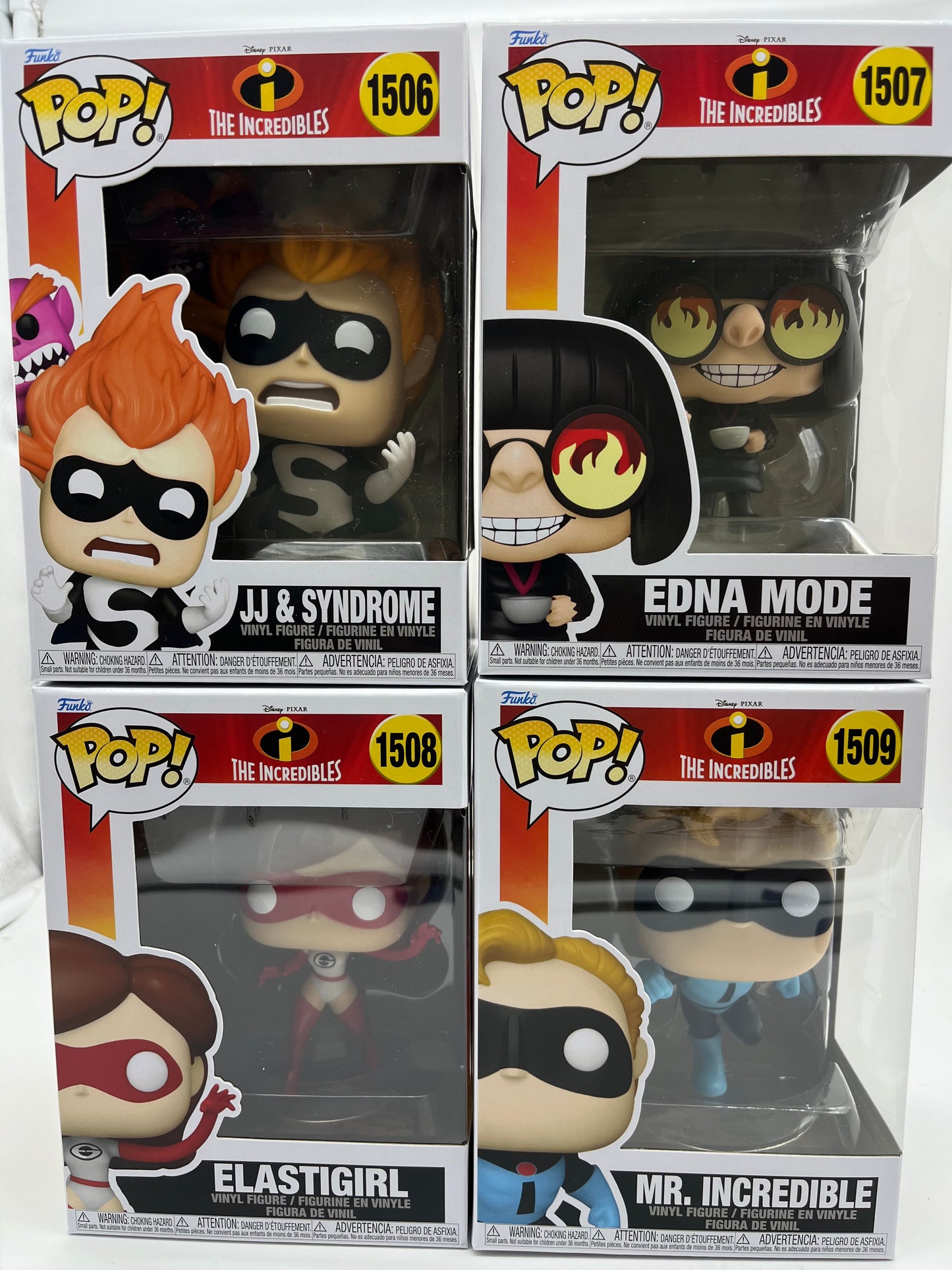 Funko Pop! The Incredibles 20th Anniversary - Lot of 4 - Mr Incredible #1509 Elastagirl #1508 JJ & Syndrom #1506 Edna Mode #1507 Collectible Vinyl FIgures