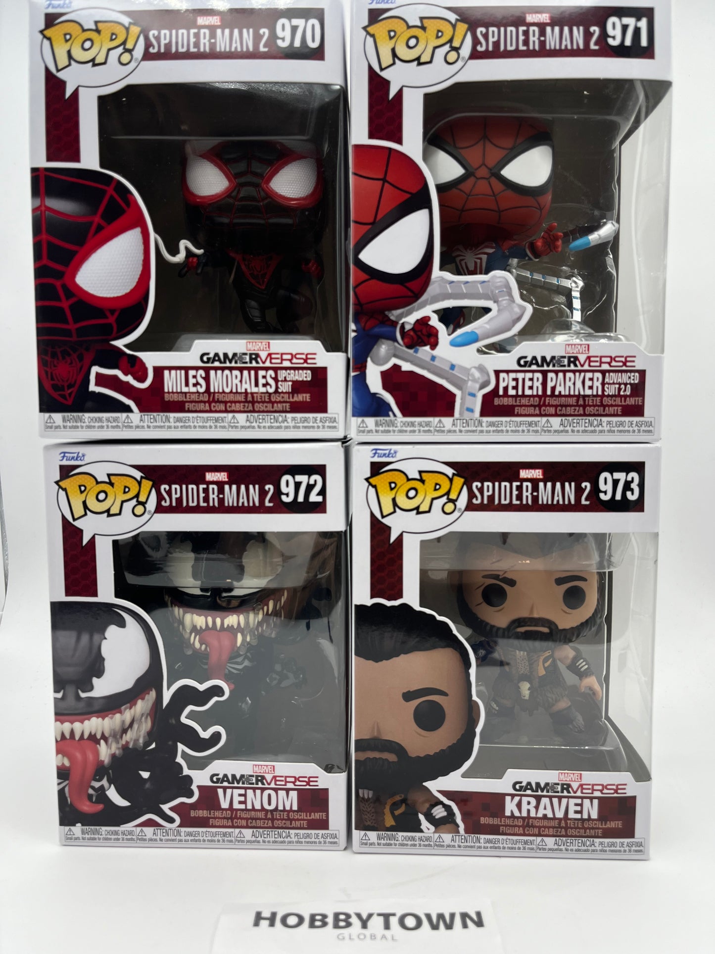 Funko Pop! Spider-Man 2- Set of 4- Miles Morales in Upgraded Suit, Peter Parker in Advanced Suite 2.0, Venom, and Kraven Collectcible Vinyl Figures