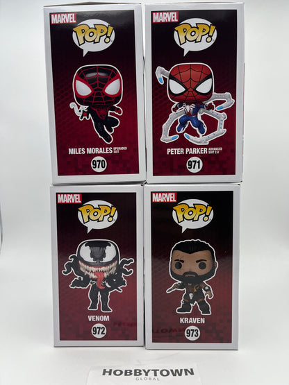 Funko Pop! Spider-Man 2- Set of 4- Miles Morales in Upgraded Suit, Peter Parker in Advanced Suite 2.0, Venom, and Kraven Collectcible Vinyl Figures