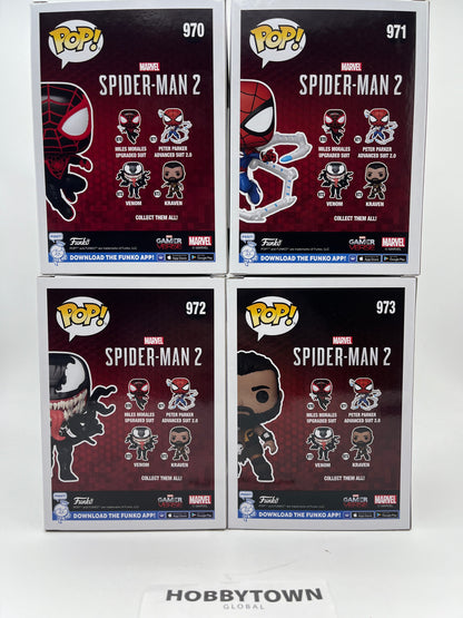 Funko Pop! Spider-Man 2- Set of 4- Miles Morales in Upgraded Suit, Peter Parker in Advanced Suite 2.0, Venom, and Kraven Collectcible Vinyl Figures